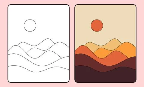 Learn coloring for kids and elementary school. Mountains are brown and orange Stock Illustration
