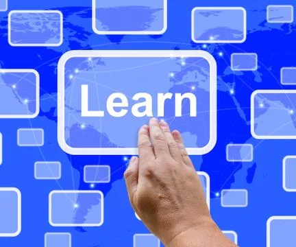 Learn computer button on blue screen showing online learning and education Stock Illustration