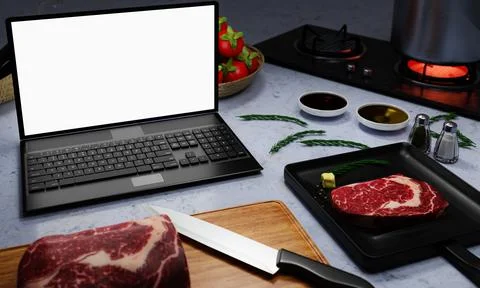 Learn to cook online. How to cook food and recipes from the internet. Meat .. Illustrazione stock