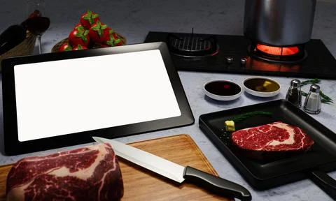 Learn to cook online. How to cook food and recipes from the internet. Meat .. Illustrazione stock