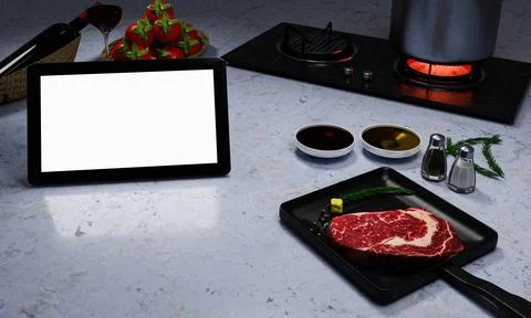 Learn to cook online. How to cook food and recipes from the internet. Meat .. Illustrazione stock