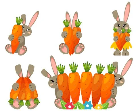 Learn to count from 1 to 5 with funny bunnies. Carrots vector illustration. Stock Illustration