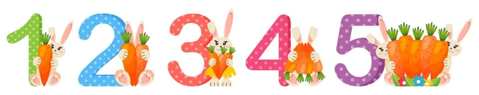 Learn to count from 1 to 5 with funny bunnies. Vector illustration. Stock Illustration
