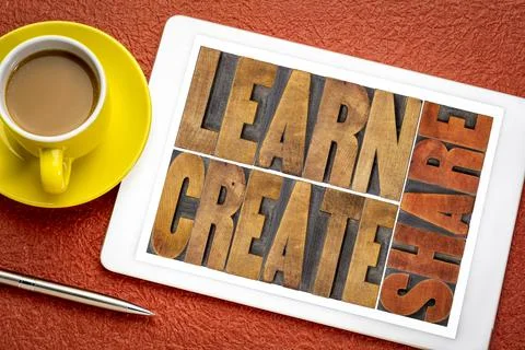 Learn, create and share word abstract on tablet Stock Photos