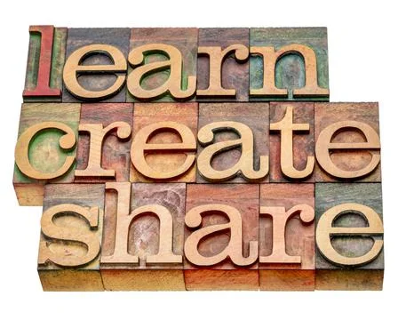 Learn, create, share - isolated word abstract in wood type Stock-Fotos