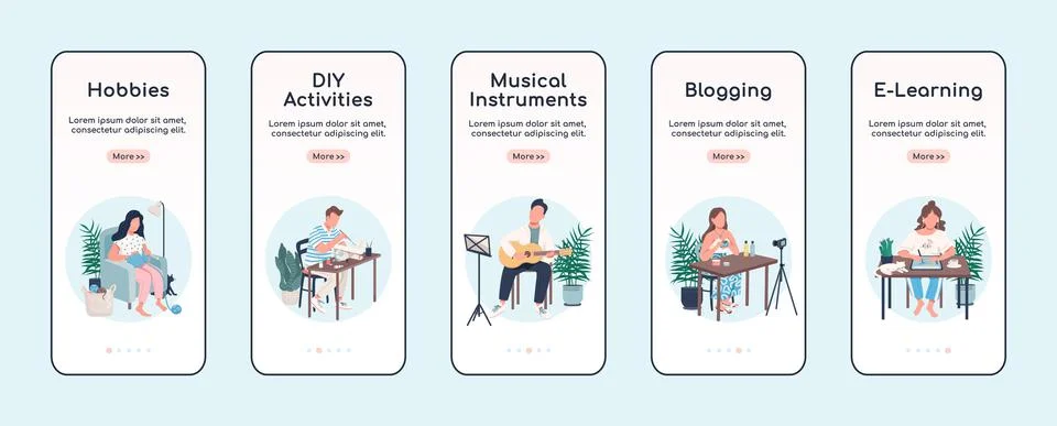 Learn creative hobby onboarding mobile app screen flat vector template Stock Illustration