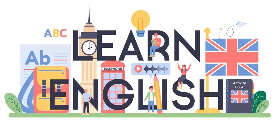 Learn english class typographic header. Study foreign languages in school Stock Illustration