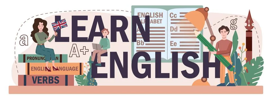 Learn english typographic header. Study foreign languages in school. Stock Illustration