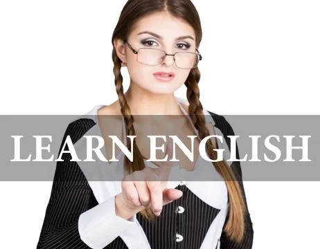 Learn english written on virtual screen. sexy secretary in a business suit with Stock Photos