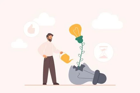 Learn from failure or mistake, idea improvement, man watering growing light bulb Stock Illustration