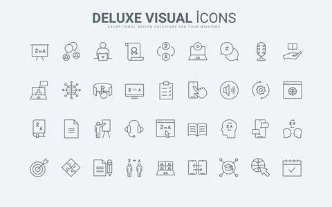 Learn foreign language line icons set, online services and mobile apps for Illustrazione stock
