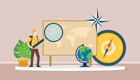 Learn geography concept with men explorer suit explain world maps Illustrazione stock