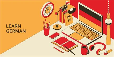 Learn German language isometric concept with open laptop, books, headphones, and Stock Illustration