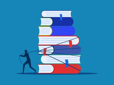 Learn hard. Businessman dragging stacks of books vector Illustrazione stock