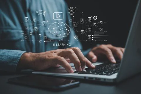 Learn how e-learning using digital technology and the internet works as a m.. Stock Photos