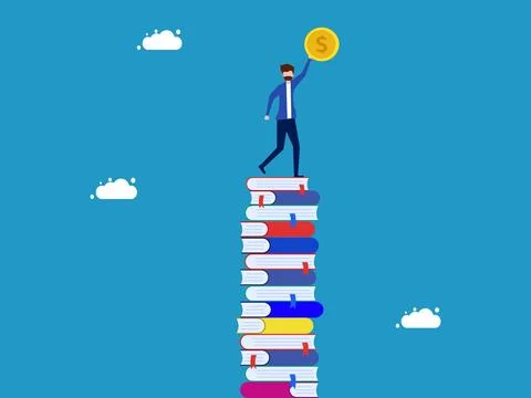 Learn how to make money. man holding a coin stands on a high stack of books Stock Illustration