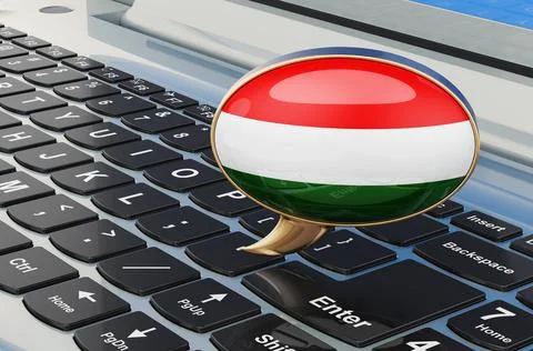 Learn Hungarian online concept. Speech balloon with Hungarian flag, 3D render Stock Illustration