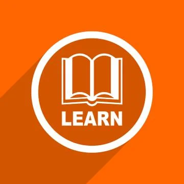 Learn icon. Orange flat button. Web and mobile app design illustration Stock Illustration