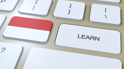 Learn Indonesian Language Concept. Online Study Courses. Button with Text on Video stock 237874747