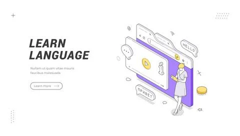 Learn Language banner template. Isometric vector illustration of a woman usin Stock Illustration