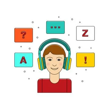 Learn language concept with boy in headphone Stock Illustration
