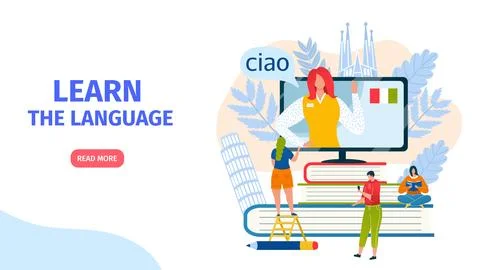 Learn language landing web page design template for distance education, online Stock Illustration