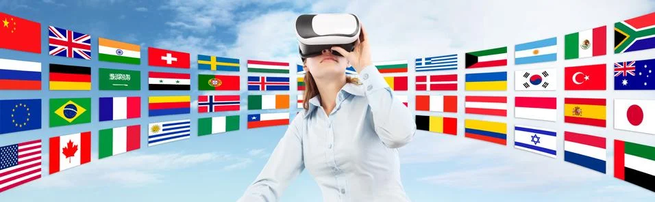 Learn languages in the future technology concept, Woman wearing virtual rea.. Stock-Fotos
