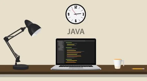 Learn learning java programming with laptop and code on the computer vector Stock Illustration