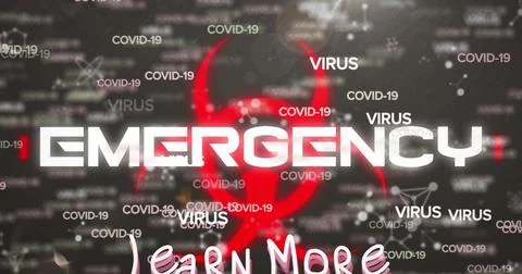 Learn more and emergency text with biohazard symbol against covid-19 texts and Stock-Illustration