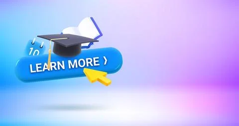 Learn more button with education icons. Vector 3d banner with copy space Stock Illustration
