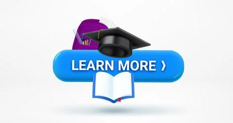 Learn more button with gratuation cap. Vector 3d illustration Stock Illustration