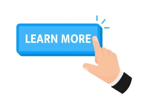 Learn more button with hand clicking. Web button. Finger Pressing. Vector Illustrazione stock