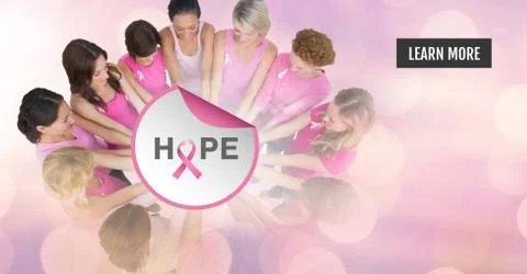 Learn more button with Hope text with breast cancer awareness women putting Fotos Stock