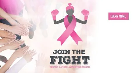 Learn more button with Join the fight text with breast cancer awareness women Stock Photos