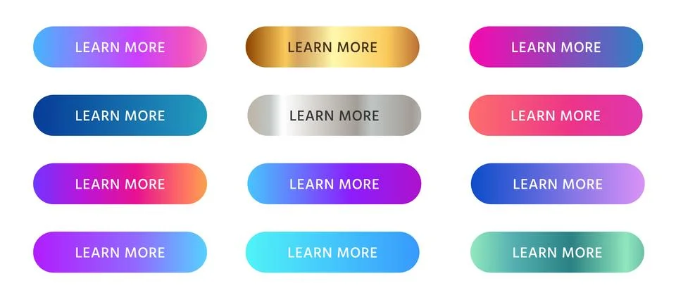 Learn more button rounded in gradient vibrant color set collection colorful 스톡 일러스트