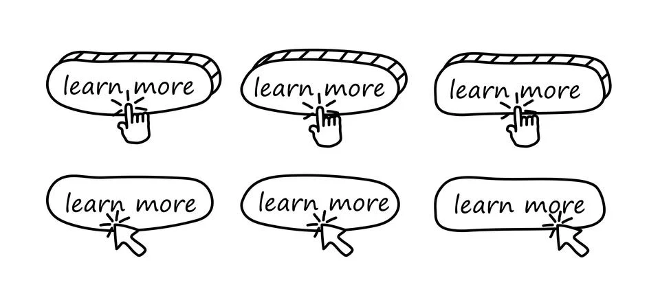 Learn more, set of interface buttons in cartoon style. Finger, index finger.. Stock Illustration