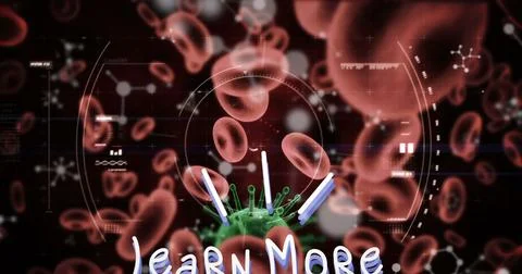 Learn more text and scope scanning over covid-19 cell and blood vessels against Illustrazione stock