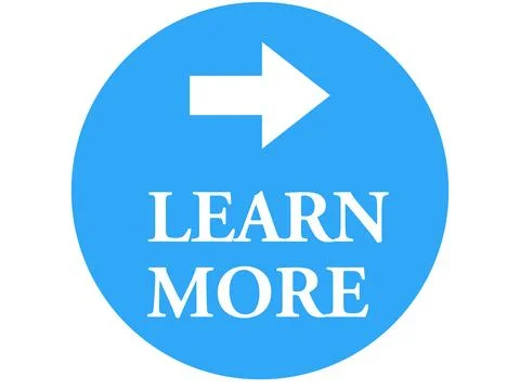 Learn more text in a blue circle with arrow. Illustration Stockfoto's