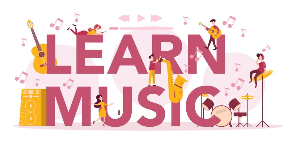 Learn music typographic header concept set. Young performer playing Stock Illustration