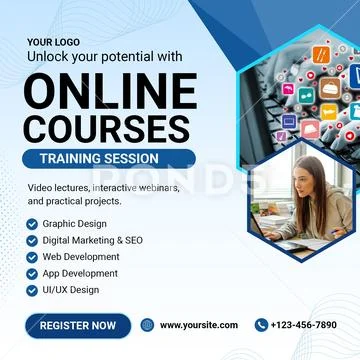 Learn new skills with online courses and training sessions PSD Template