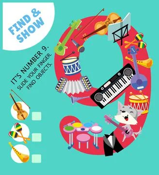 Learn the numbers from 1 to 9. Puzzle game for children. Find the objects Illustrazione stock