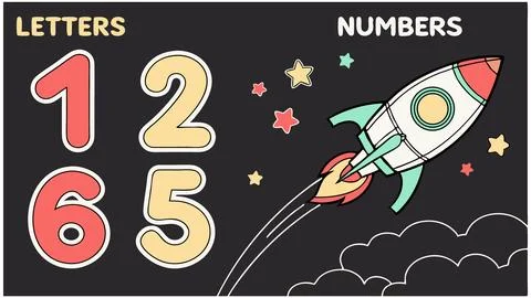 Learn numbers with rocket ship illustration for kids educational resource Stock Illustration