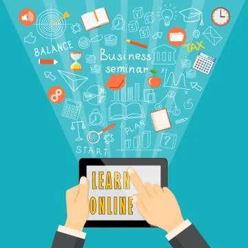 Learn online with tablet on  blue background Stock Illustration