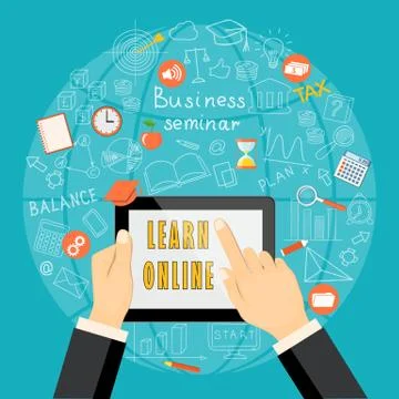 Learn online with tablet on  blue globe  background Stock Illustration