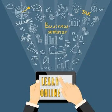 Learn online with tablet on dark blue background Stock Illustration