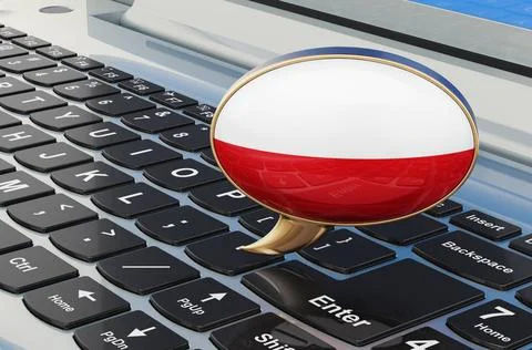 Learn Polish online concept. Speech balloon with Polish flag, 3D rendering... Stock Photos