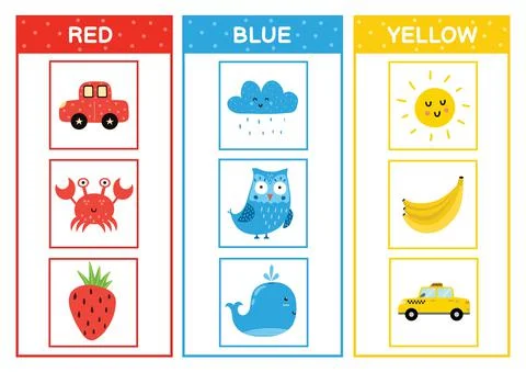 Learn the primary colors. Color sorting activity page - red, blue, yellow Stock Illustration