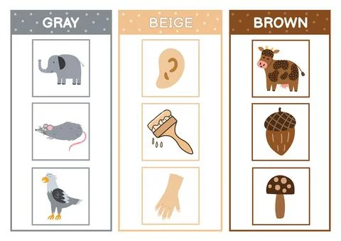 Learn the primary colors. Color sorting activity page - gray, brown, beige Stock Illustration