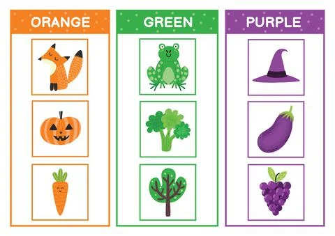 Learn the primary colors. Color sorting activity page - orange, green, purple Stock Illustration