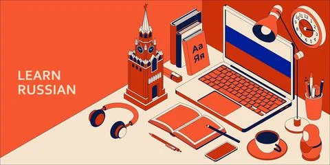 Learn Russian language isometric concept with open laptop, books, headphones Stock Illustration